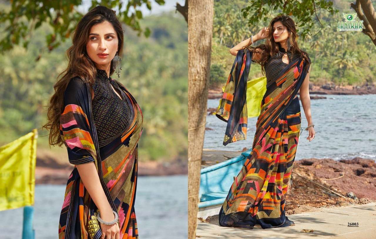 SUHANE PAL VOL-20 BY SANSKAR TEX PRINT 26001 TO 26018 SERIES A INDIAN TRADITIONAL WEAR COLLECTION BEAUTIFUL STYLISH FANCY COLORFUL PARTY WEAR & OCCASIONAL WEAR GEORGETTE PRINTED SAREES AT WHOLESALE PRICE