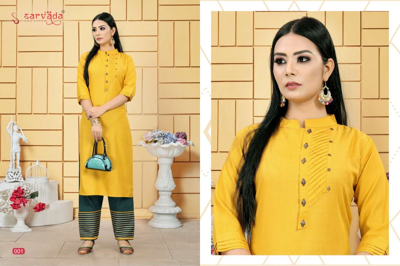 CHAHAT BY SARVADA CREATION 001 TO 008 SERIES STYLISH FANCY BEAUTIFUL COLORFUL CASUAL WEAR & ETHNIC WEAR ERA SLUB WITH HANDWORK KURTIS WITH BOTTOM AT WHOLESALE PRICE