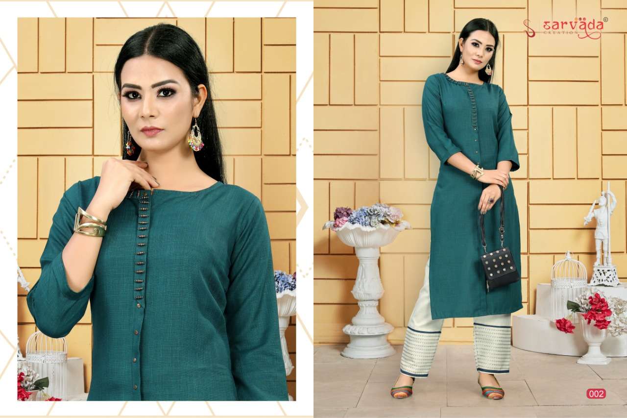 CHAHAT BY SARVADA CREATION 001 TO 008 SERIES STYLISH FANCY BEAUTIFUL COLORFUL CASUAL WEAR & ETHNIC WEAR ERA SLUB WITH HANDWORK KURTIS WITH BOTTOM AT WHOLESALE PRICE