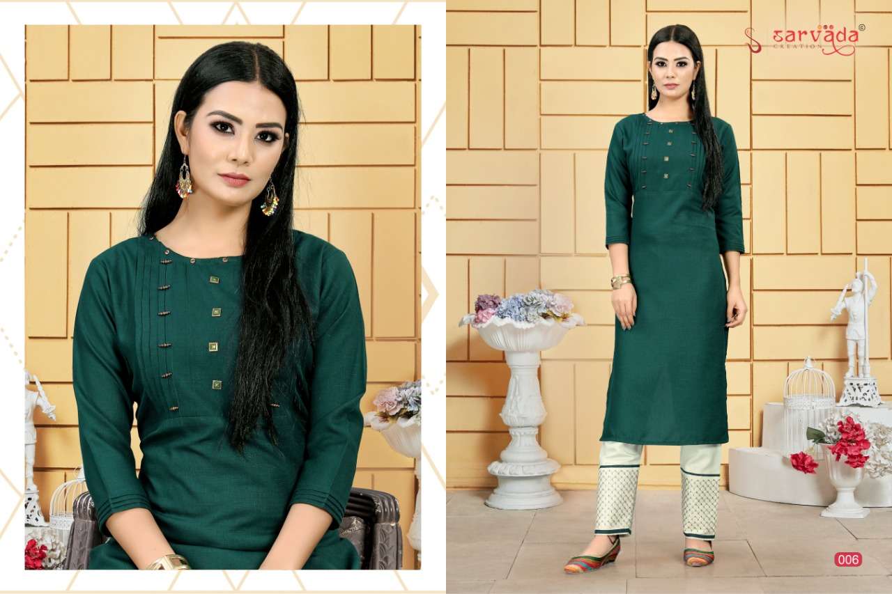CHAHAT BY SARVADA CREATION 001 TO 008 SERIES STYLISH FANCY BEAUTIFUL COLORFUL CASUAL WEAR & ETHNIC WEAR ERA SLUB WITH HANDWORK KURTIS WITH BOTTOM AT WHOLESALE PRICE