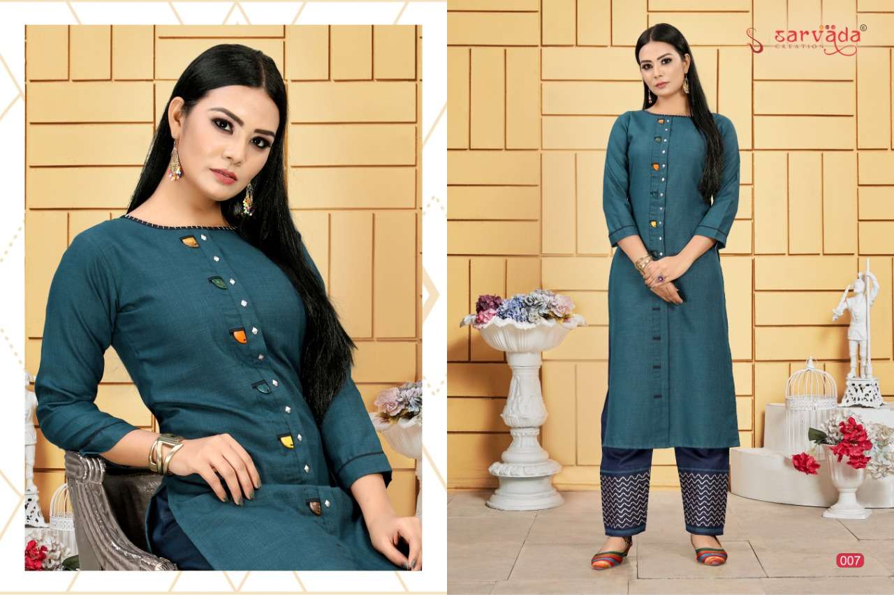 CHAHAT BY SARVADA CREATION 001 TO 008 SERIES STYLISH FANCY BEAUTIFUL COLORFUL CASUAL WEAR & ETHNIC WEAR ERA SLUB WITH HANDWORK KURTIS WITH BOTTOM AT WHOLESALE PRICE