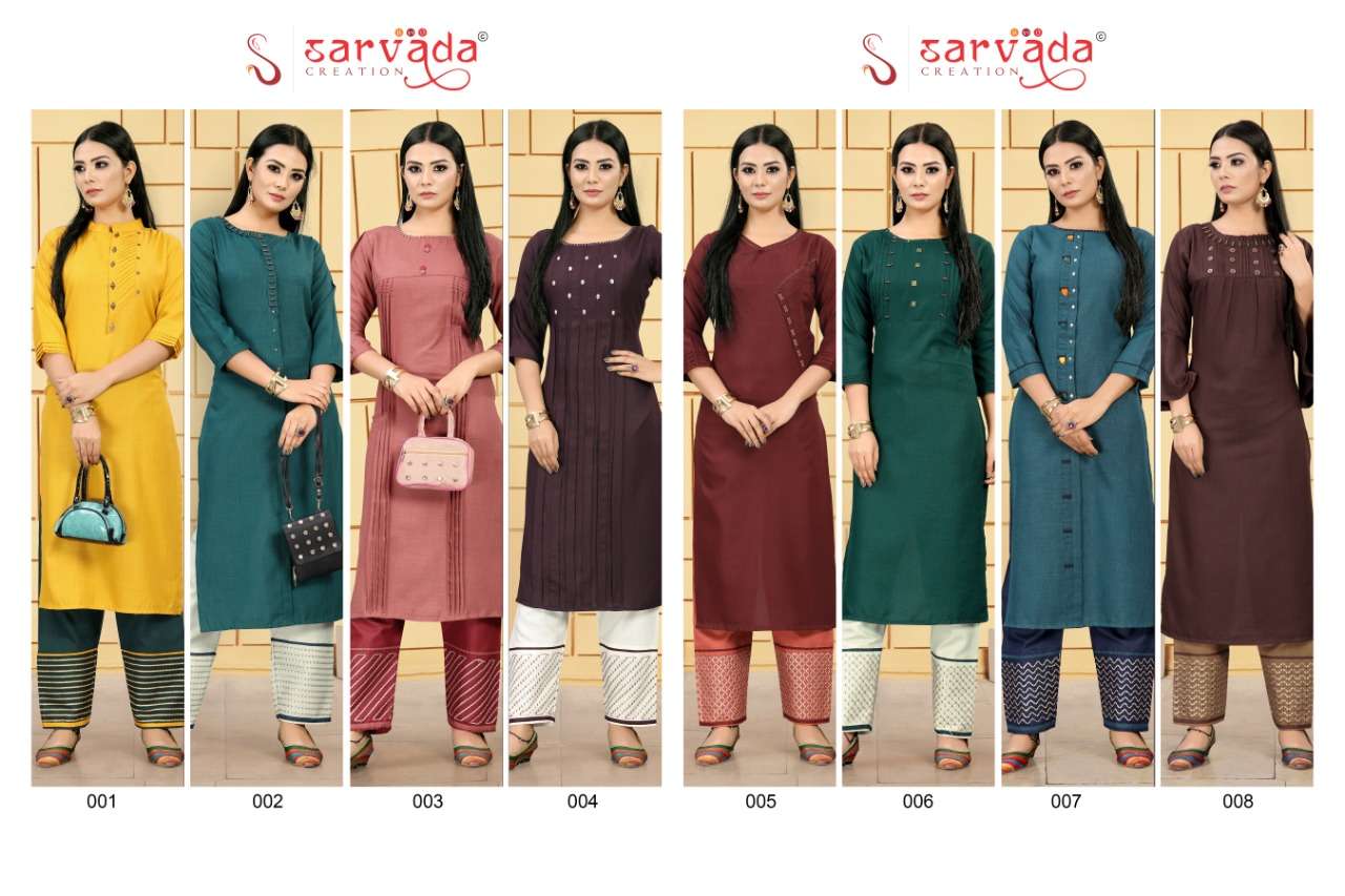 CHAHAT BY SARVADA CREATION 001 TO 008 SERIES STYLISH FANCY BEAUTIFUL COLORFUL CASUAL WEAR & ETHNIC WEAR ERA SLUB WITH HANDWORK KURTIS WITH BOTTOM AT WHOLESALE PRICE