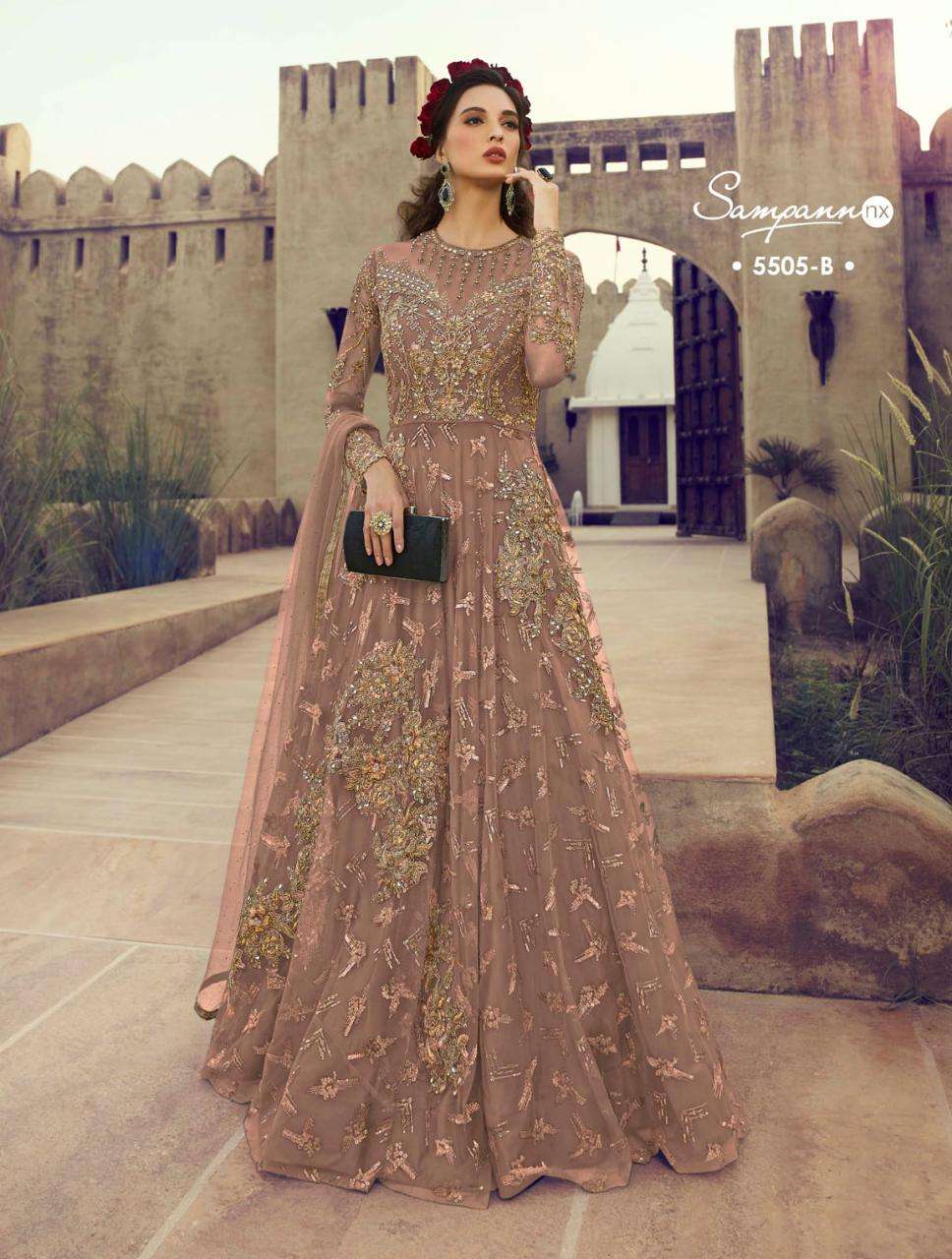 SAMPANN NX COLOURS BY SAMPANN NX ANARKALI DESIGNER BEAUTIFUL SUITS COLORFUL STYLISH FANCY CASUAL WEAR & ETHNIC WEAR BUTTERFLY NET/SILK DRESSES AT WHOLESALE PRICE