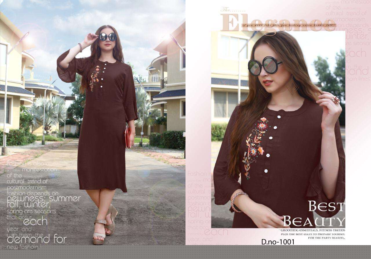 QUEEN BY POORVI DESIGNER 1001 TO 1006 SERIES STYLISH FANCY BEAUTIFUL COLORFUL CASUAL WEAR & ETHNIC WEAR RAYON SLUB HANDWORKED KURTIS AT WHOLESALE PRICE