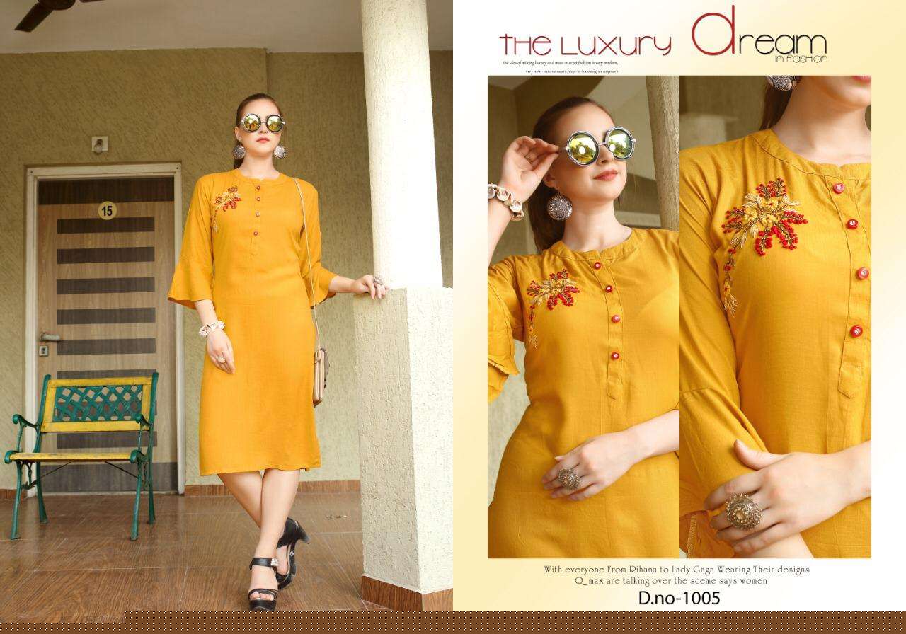 QUEEN BY POORVI DESIGNER 1001 TO 1006 SERIES STYLISH FANCY BEAUTIFUL COLORFUL CASUAL WEAR & ETHNIC WEAR RAYON SLUB HANDWORKED KURTIS AT WHOLESALE PRICE