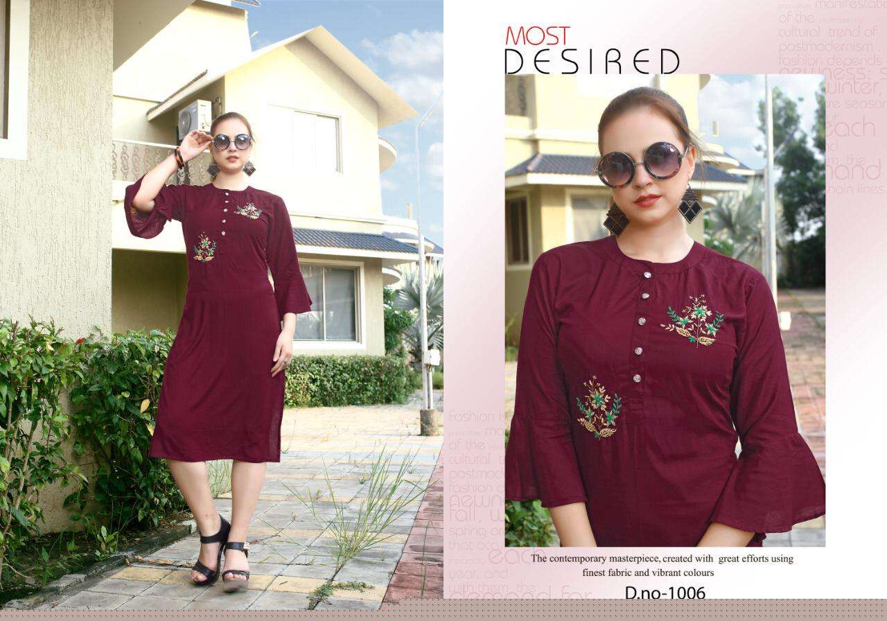 QUEEN BY POORVI DESIGNER 1001 TO 1006 SERIES STYLISH FANCY BEAUTIFUL COLORFUL CASUAL WEAR & ETHNIC WEAR RAYON SLUB HANDWORKED KURTIS AT WHOLESALE PRICE