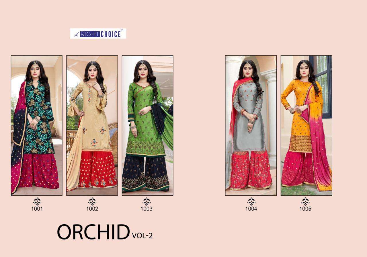 ORCHID VOL-2 BY RIGHT CHOICE 1001 TO 1005 SERIES BEAUTIFUL STYLISH SHARARA SUITS FANCY COLORFUL CASUAL WEAR & ETHNIC WEAR & READY TO WEAR PURE DOLA SILK EMBROIDERED DRESSES AT WHOLESALE PRICE