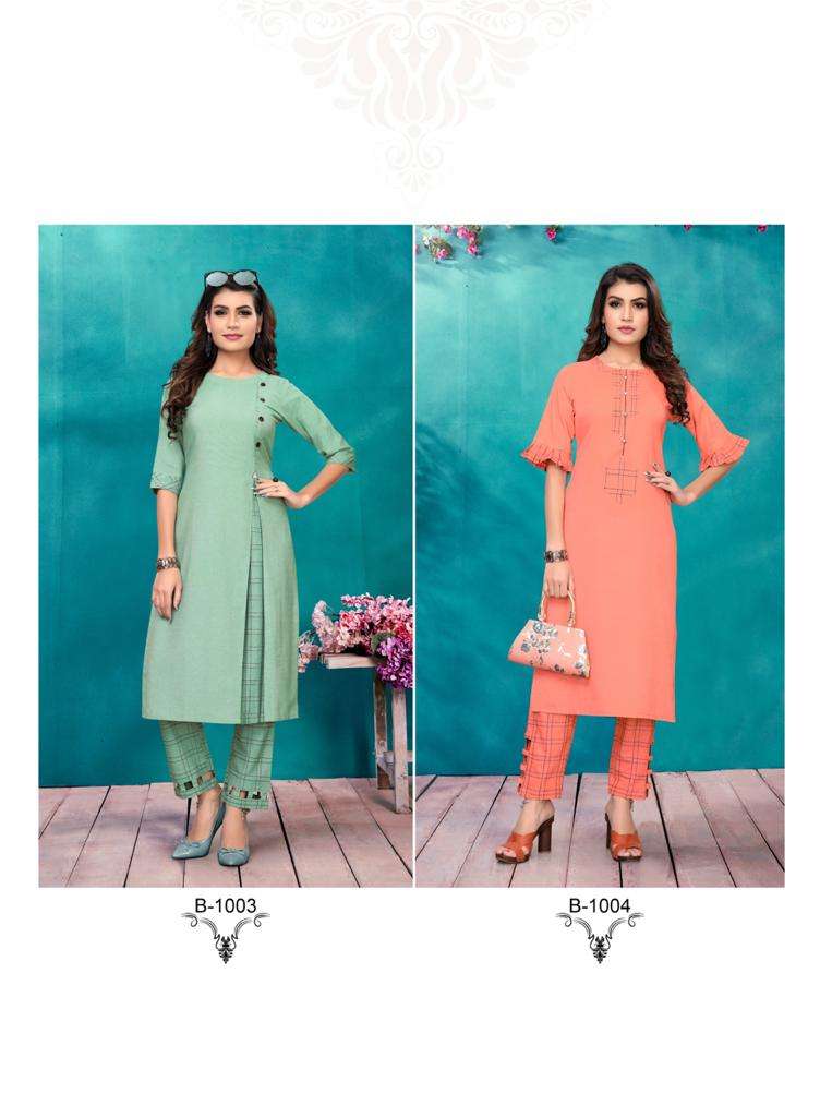 HUNNY BUNNY BY RT 1001 TO 1004 SERIES STYLISH FANCY BEAUTIFUL COLORFUL CASUAL WEAR & ETHNIC WEAR PREMIUM RAYON KURTIS WITH BOTTOM AT WHOLESALE PRICE