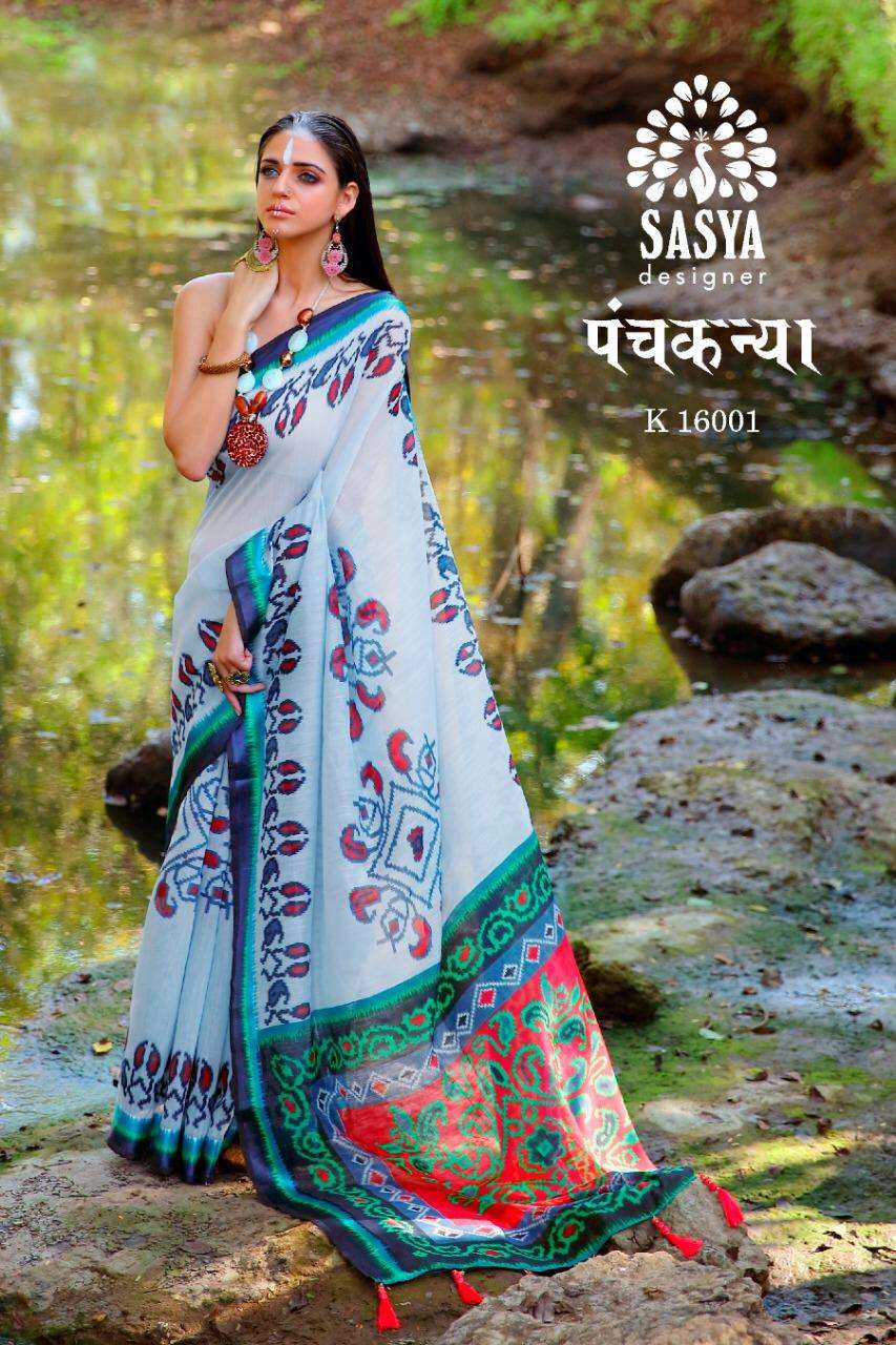 PANCH KANYA BY SASYA DESIGNER 16001 TO 16010 SERIES INDIAN TRADITIONAL WEAR COLLECTION BEAUTIFUL STYLISH FANCY COLORFUL PARTY WEAR & OCCASIONAL WEAR LINEN COTTON DIGITAL PRINTED SAREES AT WHOLESALE PRICE