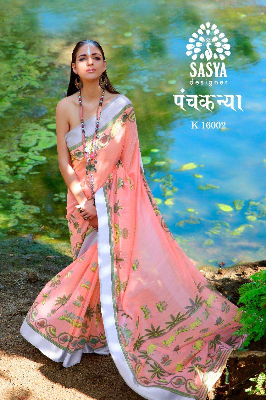 PANCH KANYA BY SASYA DESIGNER 16001 TO 16010 SERIES INDIAN TRADITIONAL WEAR COLLECTION BEAUTIFUL STYLISH FANCY COLORFUL PARTY WEAR & OCCASIONAL WEAR LINEN COTTON DIGITAL PRINTED SAREES AT WHOLESALE PRICE