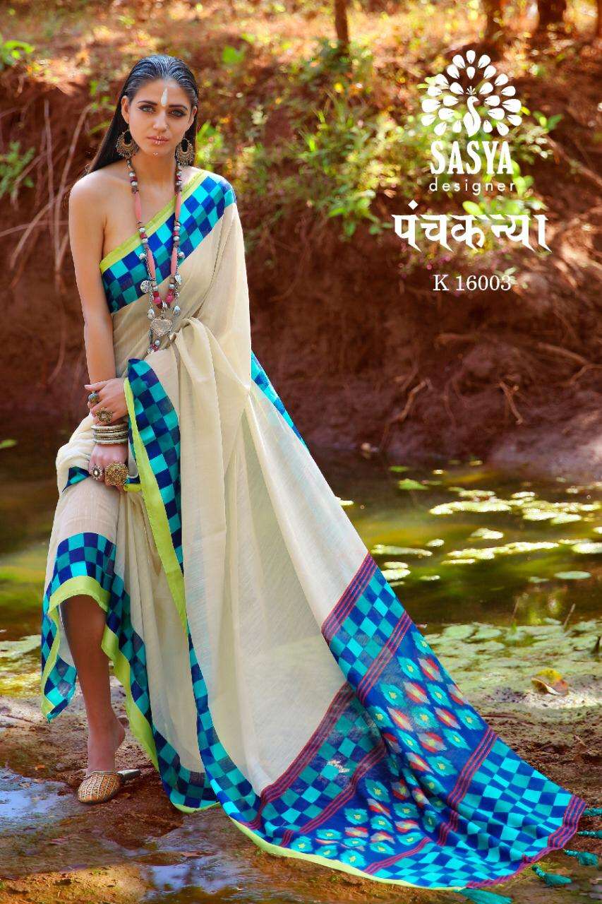 PANCH KANYA BY SASYA DESIGNER 16001 TO 16010 SERIES INDIAN TRADITIONAL WEAR COLLECTION BEAUTIFUL STYLISH FANCY COLORFUL PARTY WEAR & OCCASIONAL WEAR LINEN COTTON DIGITAL PRINTED SAREES AT WHOLESALE PRICE