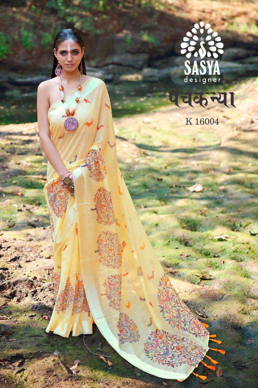 PANCH KANYA BY SASYA DESIGNER 16001 TO 16010 SERIES INDIAN TRADITIONAL WEAR COLLECTION BEAUTIFUL STYLISH FANCY COLORFUL PARTY WEAR & OCCASIONAL WEAR LINEN COTTON DIGITAL PRINTED SAREES AT WHOLESALE PRICE