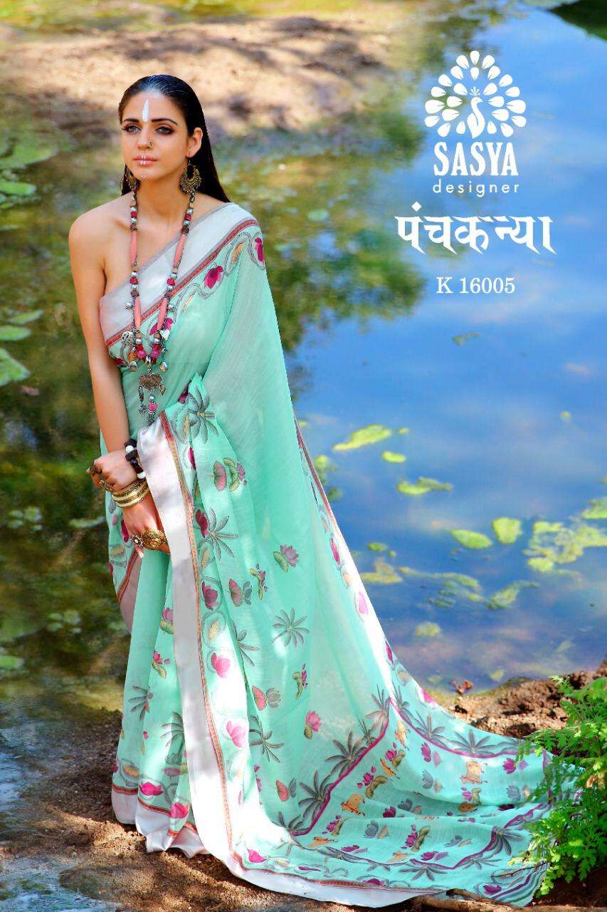 PANCH KANYA BY SASYA DESIGNER 16001 TO 16010 SERIES INDIAN TRADITIONAL WEAR COLLECTION BEAUTIFUL STYLISH FANCY COLORFUL PARTY WEAR & OCCASIONAL WEAR LINEN COTTON DIGITAL PRINTED SAREES AT WHOLESALE PRICE