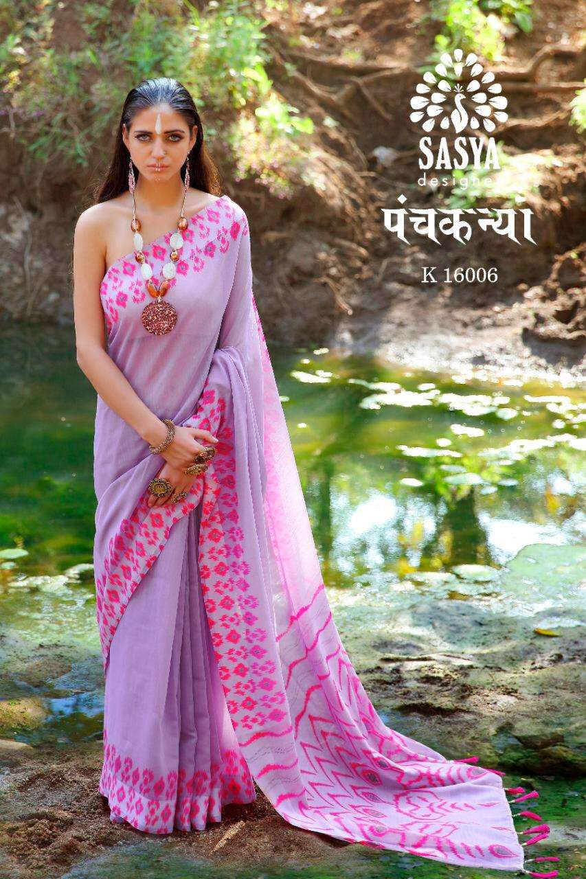 PANCH KANYA BY SASYA DESIGNER 16001 TO 16010 SERIES INDIAN TRADITIONAL WEAR COLLECTION BEAUTIFUL STYLISH FANCY COLORFUL PARTY WEAR & OCCASIONAL WEAR LINEN COTTON DIGITAL PRINTED SAREES AT WHOLESALE PRICE