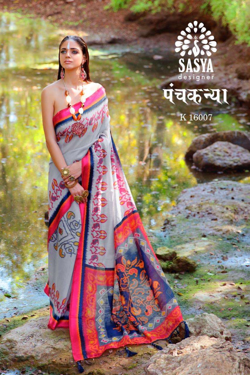 PANCH KANYA BY SASYA DESIGNER 16001 TO 16010 SERIES INDIAN TRADITIONAL WEAR COLLECTION BEAUTIFUL STYLISH FANCY COLORFUL PARTY WEAR & OCCASIONAL WEAR LINEN COTTON DIGITAL PRINTED SAREES AT WHOLESALE PRICE