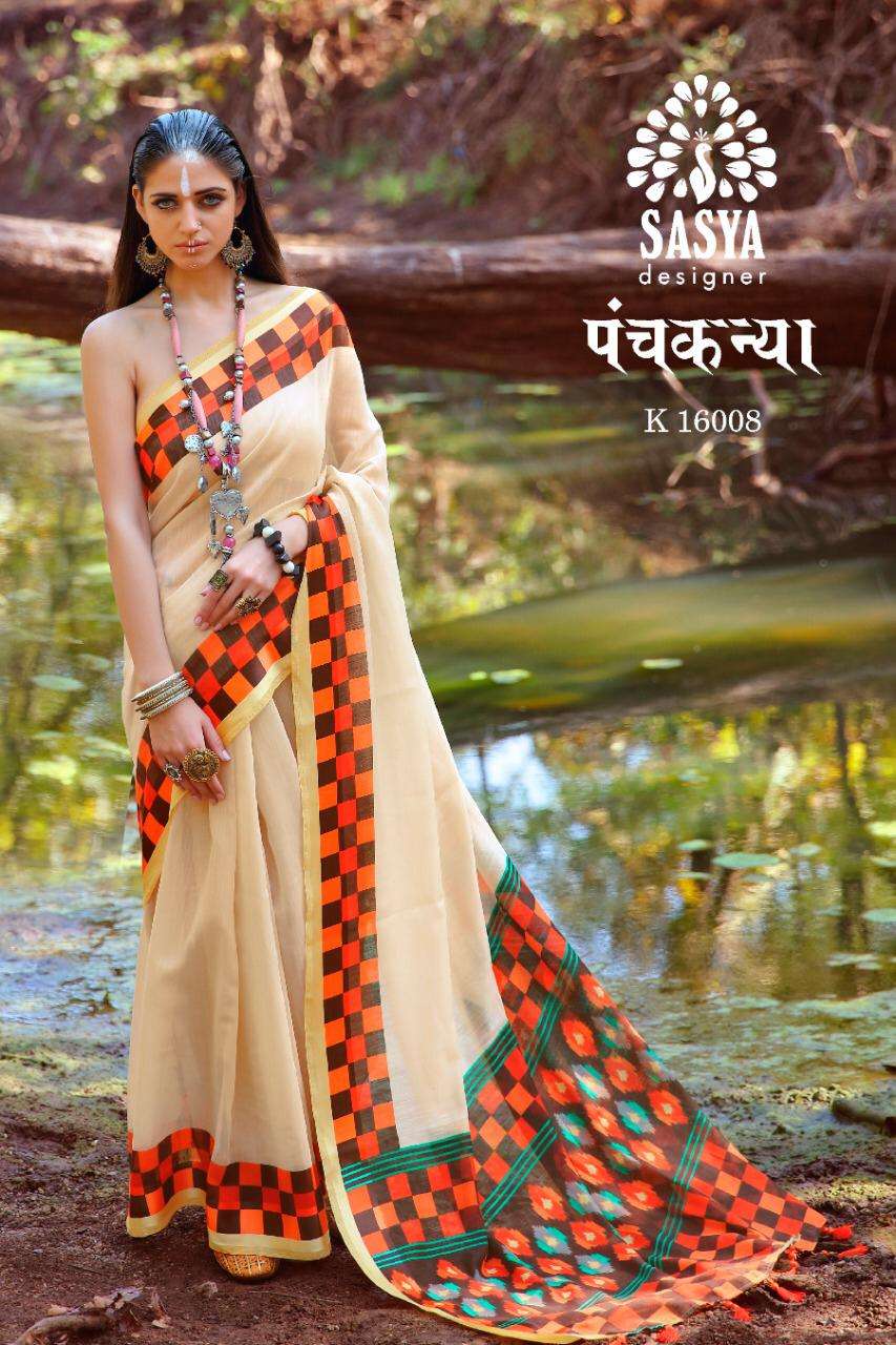 PANCH KANYA BY SASYA DESIGNER 16001 TO 16010 SERIES INDIAN TRADITIONAL WEAR COLLECTION BEAUTIFUL STYLISH FANCY COLORFUL PARTY WEAR & OCCASIONAL WEAR LINEN COTTON DIGITAL PRINTED SAREES AT WHOLESALE PRICE