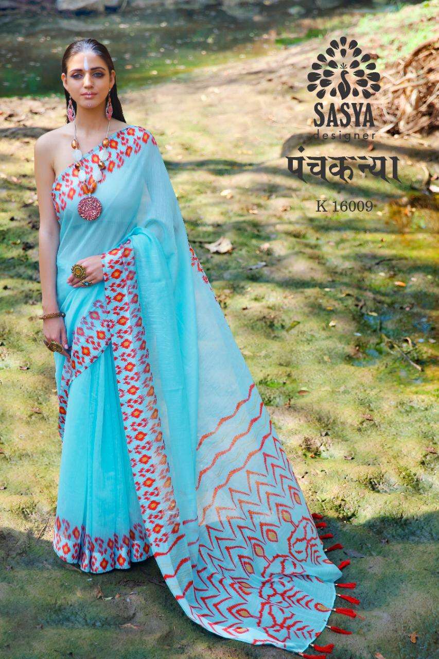 PANCH KANYA BY SASYA DESIGNER 16001 TO 16010 SERIES INDIAN TRADITIONAL WEAR COLLECTION BEAUTIFUL STYLISH FANCY COLORFUL PARTY WEAR & OCCASIONAL WEAR LINEN COTTON DIGITAL PRINTED SAREES AT WHOLESALE PRICE