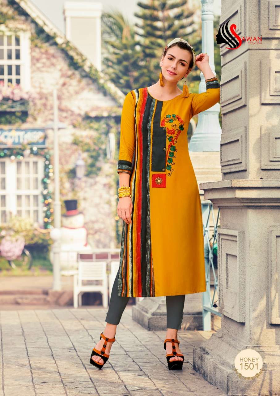 HONEY VOL-15 BY SAWAN CREATION 1501 TO 1512 SERIES BEAUTIFUL COLORFUL STYLISH FANCY CASUAL WEAR & ETHNIC WEAR & READY TO WEAR HEAVY RAYON PRINTED KURTIS AT WHOLESALE PRICE