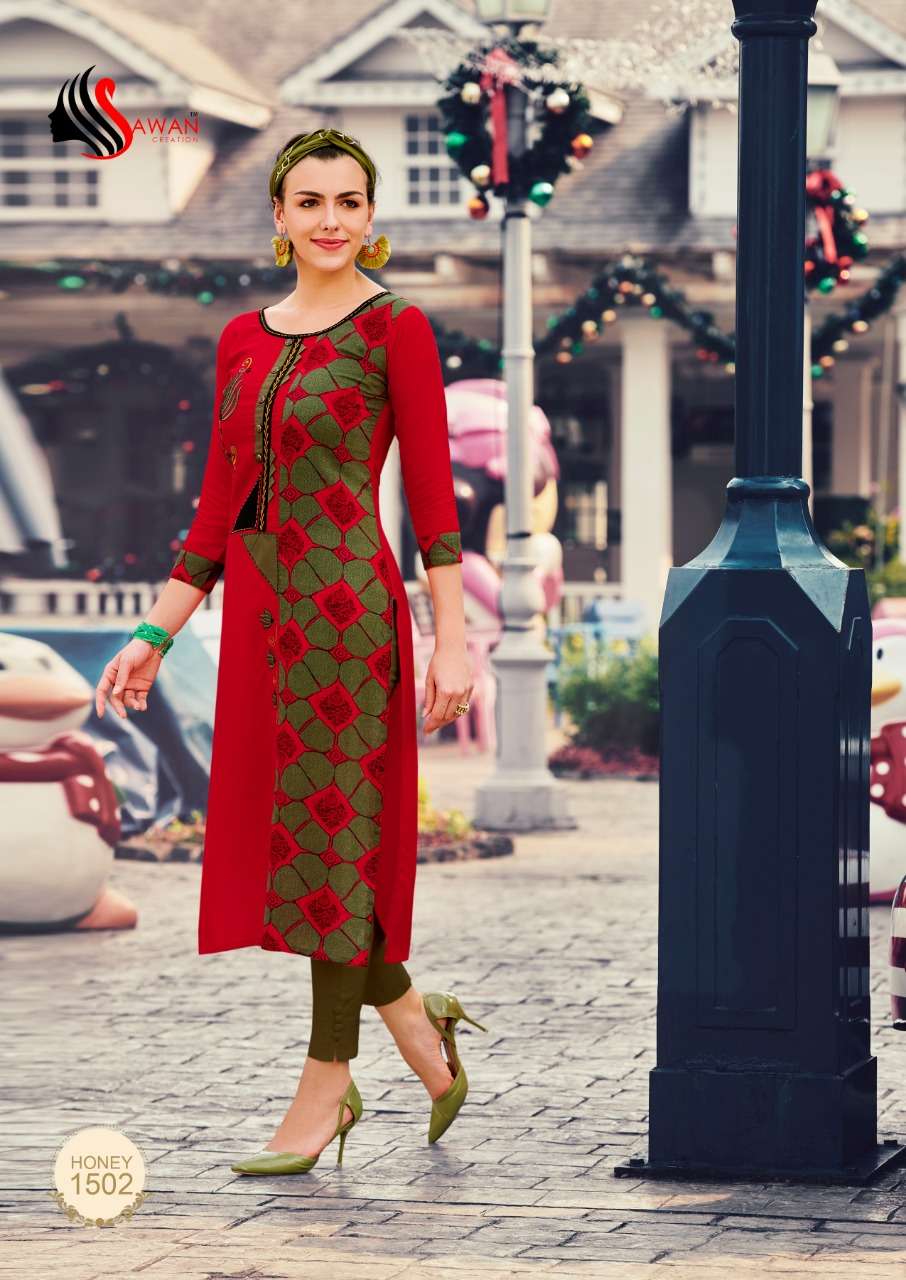 HONEY VOL-15 BY SAWAN CREATION 1501 TO 1512 SERIES BEAUTIFUL COLORFUL STYLISH FANCY CASUAL WEAR & ETHNIC WEAR & READY TO WEAR HEAVY RAYON PRINTED KURTIS AT WHOLESALE PRICE