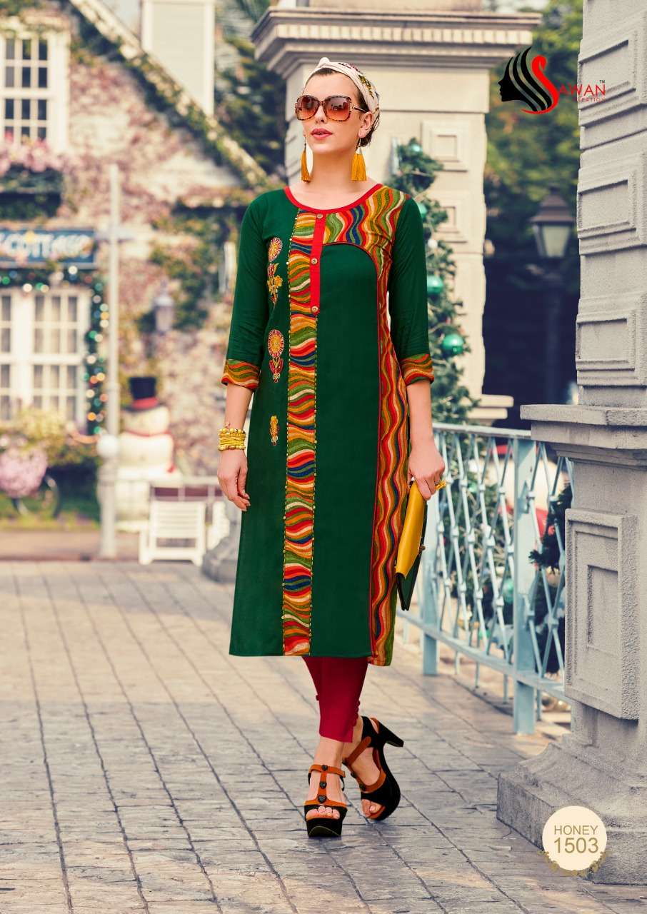 HONEY VOL-15 BY SAWAN CREATION 1501 TO 1512 SERIES BEAUTIFUL COLORFUL STYLISH FANCY CASUAL WEAR & ETHNIC WEAR & READY TO WEAR HEAVY RAYON PRINTED KURTIS AT WHOLESALE PRICE