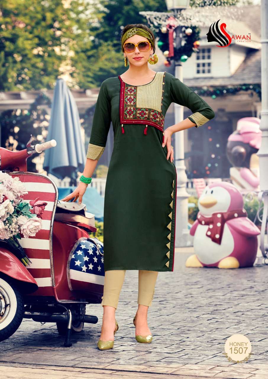 HONEY VOL-15 BY SAWAN CREATION 1501 TO 1512 SERIES BEAUTIFUL COLORFUL STYLISH FANCY CASUAL WEAR & ETHNIC WEAR & READY TO WEAR HEAVY RAYON PRINTED KURTIS AT WHOLESALE PRICE