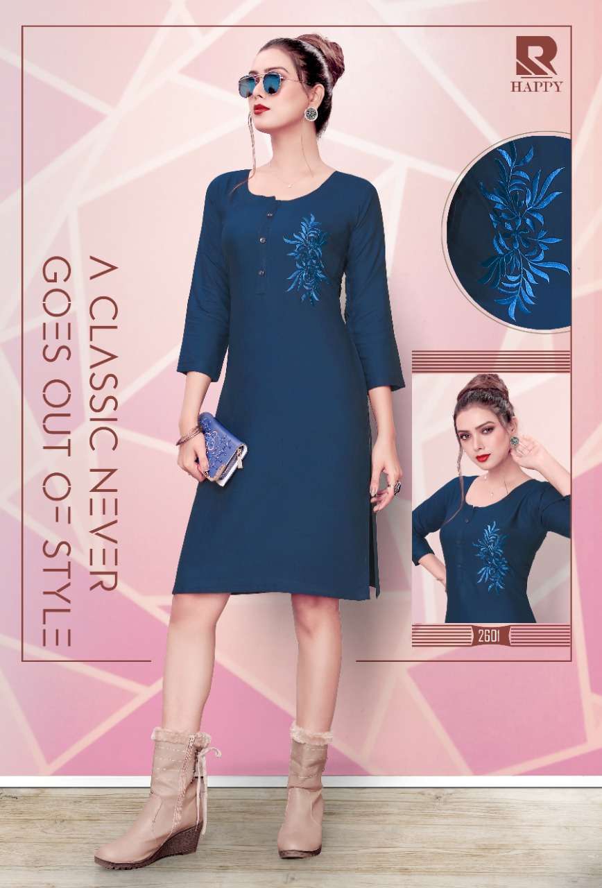 HAPPY BY RAASHI 2601 TO 2612 SERIES STYLISH FANCY BEAUTIFUL COLORFUL CASUAL WEAR & ETHNIC WEAR RAYON SLUB EMBROIDERED KURTIS AT WHOLESALE PRICE