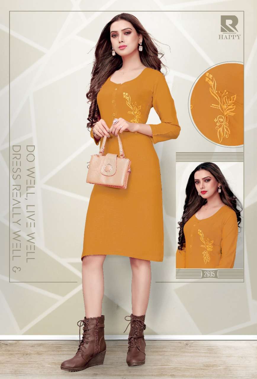 HAPPY BY RAASHI 2601 TO 2612 SERIES STYLISH FANCY BEAUTIFUL COLORFUL CASUAL WEAR & ETHNIC WEAR RAYON SLUB EMBROIDERED KURTIS AT WHOLESALE PRICE