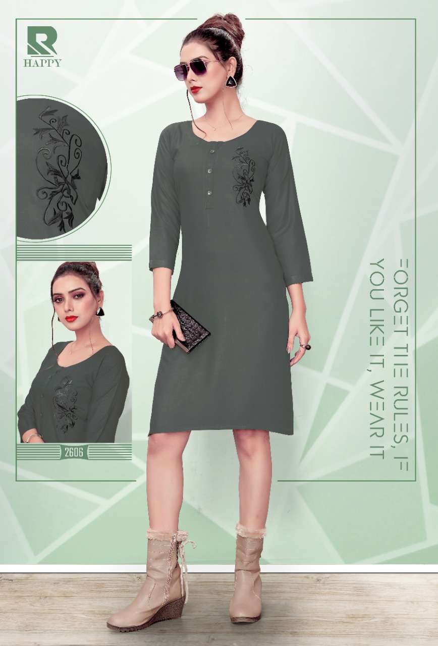 HAPPY BY RAASHI 2601 TO 2612 SERIES STYLISH FANCY BEAUTIFUL COLORFUL CASUAL WEAR & ETHNIC WEAR RAYON SLUB EMBROIDERED KURTIS AT WHOLESALE PRICE