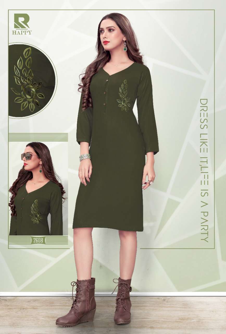 HAPPY BY RAASHI 2601 TO 2612 SERIES STYLISH FANCY BEAUTIFUL COLORFUL CASUAL WEAR & ETHNIC WEAR RAYON SLUB EMBROIDERED KURTIS AT WHOLESALE PRICE