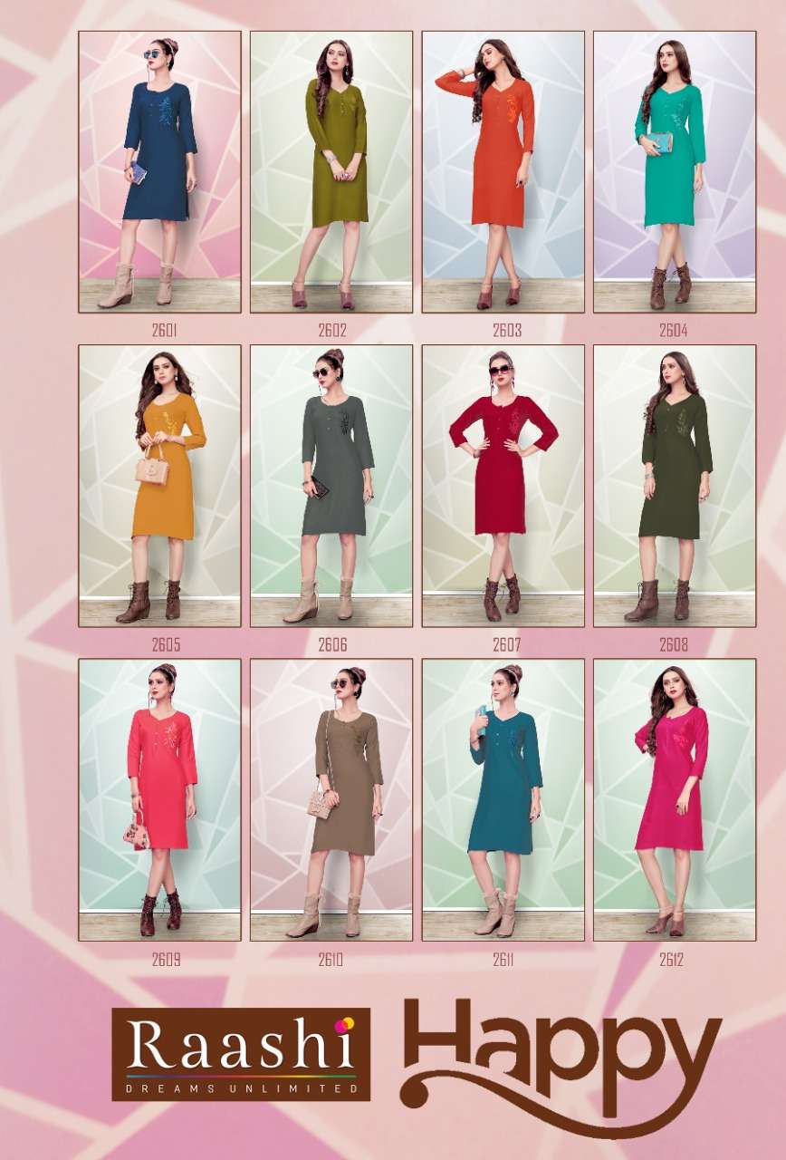 HAPPY BY RAASHI 2601 TO 2612 SERIES STYLISH FANCY BEAUTIFUL COLORFUL CASUAL WEAR & ETHNIC WEAR RAYON SLUB EMBROIDERED KURTIS AT WHOLESALE PRICE