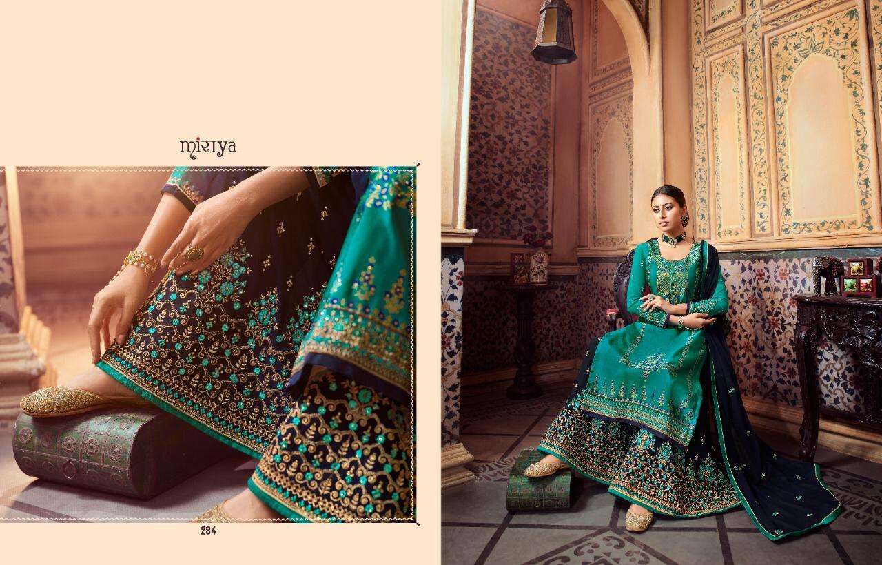 MIRAYA VOL-11 BY AARAV TRENDZ 282 to 286 SERIES DESIGNER SHARARA SUITS COLLECTION BEAUTIFUL STYLISH COLORFUL FANCY PARTY WEAR & OCCASIONAL WEAR MEENAKARI JACQUARD WITH WORK & HANDWORK DRESSES AT WHOLESALE PRICE