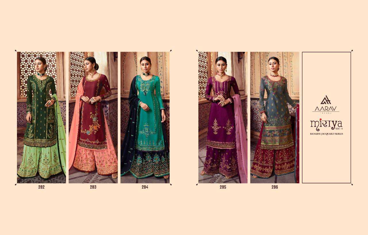 MIRAYA VOL-11 BY AARAV TRENDZ 282 to 286 SERIES DESIGNER SHARARA SUITS COLLECTION BEAUTIFUL STYLISH COLORFUL FANCY PARTY WEAR & OCCASIONAL WEAR MEENAKARI JACQUARD WITH WORK & HANDWORK DRESSES AT WHOLESALE PRICE
