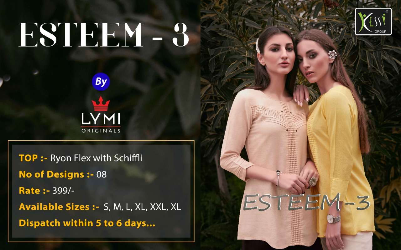 ESTEEM VOL-3 BY KESSI FABRIC 01 TO 08 SERIES BEAUTIFUL STYLISH FANCY COLORFUL CASUAL WEAR & ETHNIC WEAR RAYON FLEX WITH SCHIFFLI TOPS AT WHOLESALE PRICE