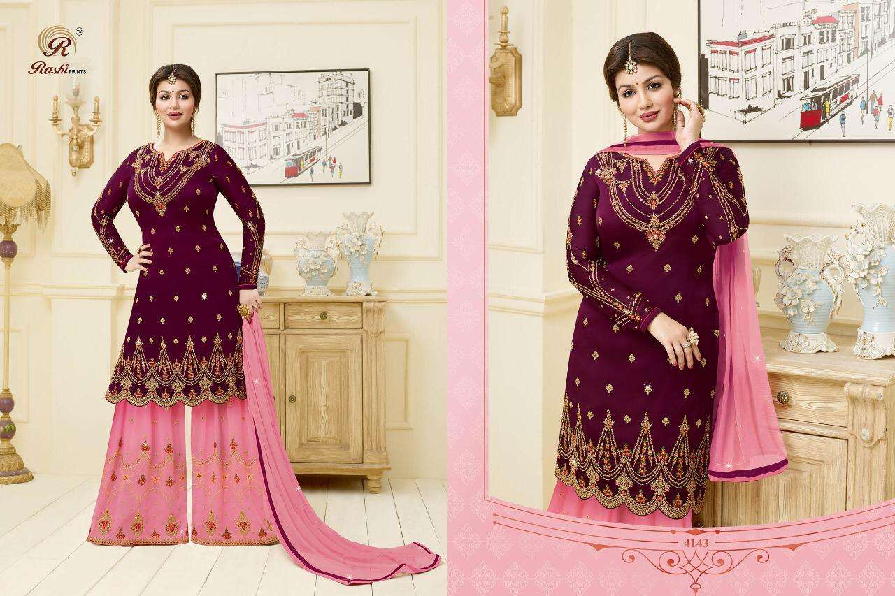 HADIPA SARARA VOL-4 BY RASHI PRINTS 4141 TO 4146 SERIES DESIGNER FESTIVE SHARARA SUITS COLLECTION BEAUTIFUL STYLISH FANCY COLORFUL PARTY WEAR & OCCASIONAL WEAR SATIN GEORGETTE DRESSES AT WHOLESALE PRICE