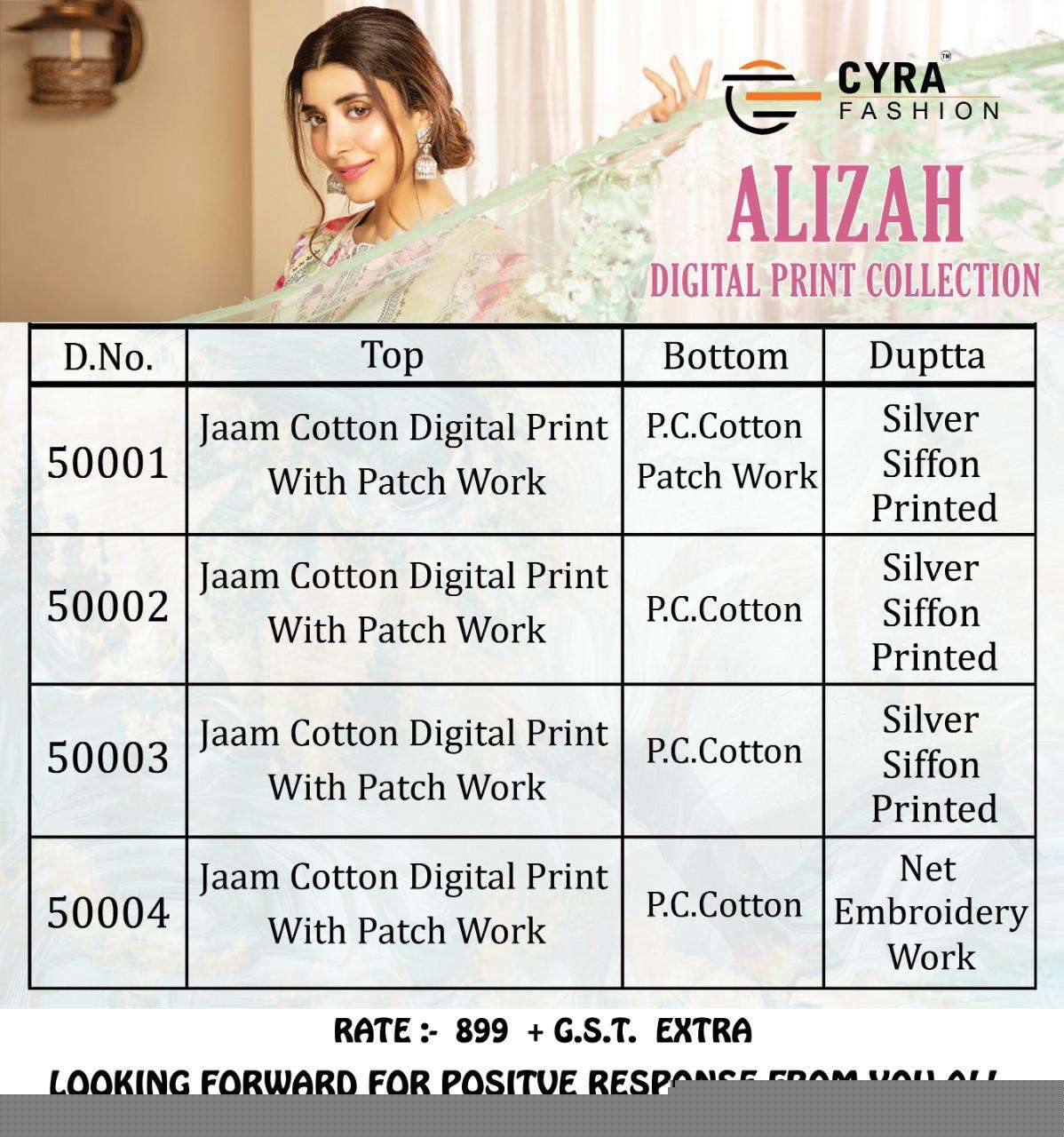 ALIZAH BY CYRA FASHION 50001 TO 50004 SERIES BEAUTIFUL PAKISTANI SUITS COLORFUL STYLISH FANCY CASUAL WEAR & ETHNIC WEAR JAM COTTON WITH PATCH EMBROIDERY DRESSES AT WHOLESALE PRICE