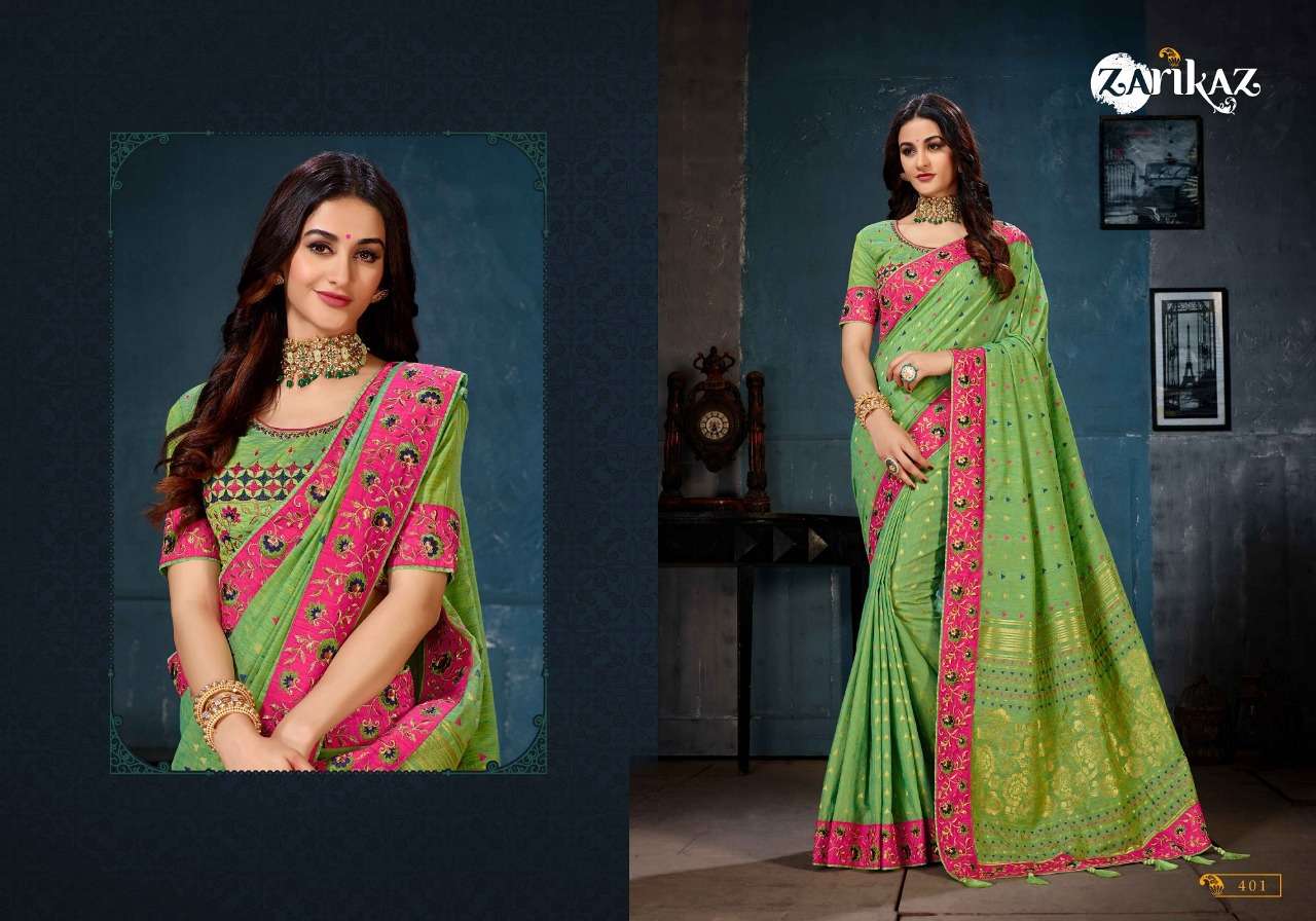 RAJVEE VOL-4 BY ZARIKAZ 401 TO 406 SERIES INDIAN TRADITIONAL WEAR COLLECTION BEAUTIFUL STYLISH FANCY COLORFUL PARTY WEAR & OCCASIONAL WEAR LINEN COTTON BANARASI SILK SAREES AT WHOLESALE PRICE