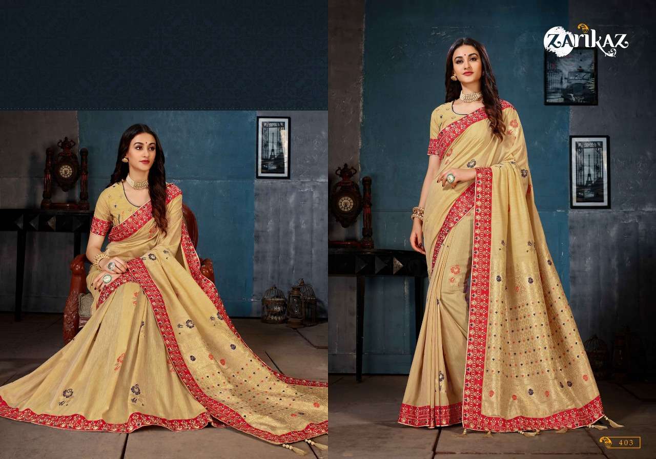 RAJVEE VOL-4 BY ZARIKAZ 401 TO 406 SERIES INDIAN TRADITIONAL WEAR COLLECTION BEAUTIFUL STYLISH FANCY COLORFUL PARTY WEAR & OCCASIONAL WEAR LINEN COTTON BANARASI SILK SAREES AT WHOLESALE PRICE