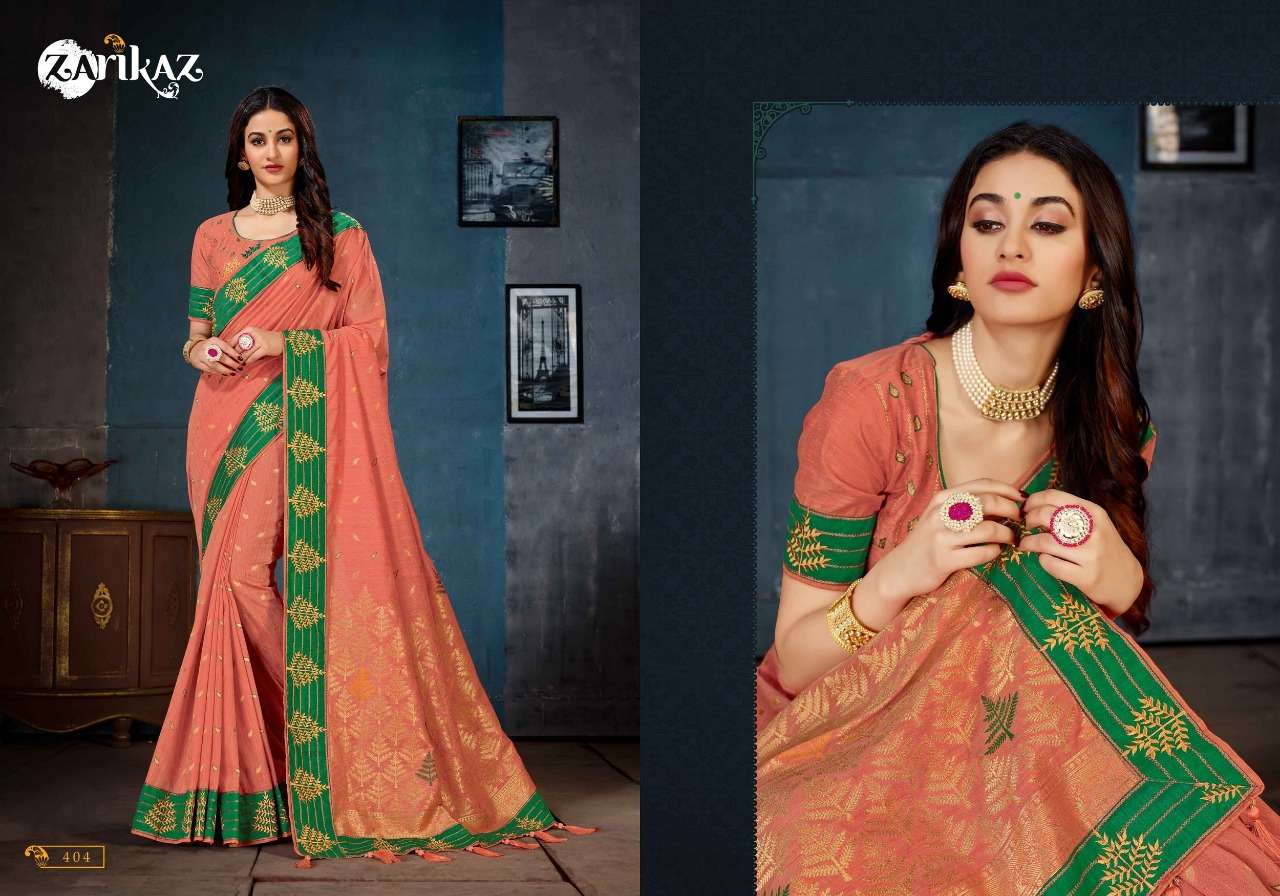 RAJVEE VOL-4 BY ZARIKAZ 401 TO 406 SERIES INDIAN TRADITIONAL WEAR COLLECTION BEAUTIFUL STYLISH FANCY COLORFUL PARTY WEAR & OCCASIONAL WEAR LINEN COTTON BANARASI SILK SAREES AT WHOLESALE PRICE
