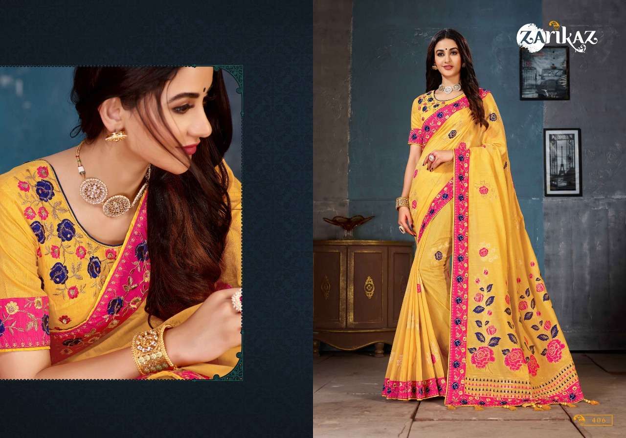RAJVEE VOL-4 BY ZARIKAZ 401 TO 406 SERIES INDIAN TRADITIONAL WEAR COLLECTION BEAUTIFUL STYLISH FANCY COLORFUL PARTY WEAR & OCCASIONAL WEAR LINEN COTTON BANARASI SILK SAREES AT WHOLESALE PRICE