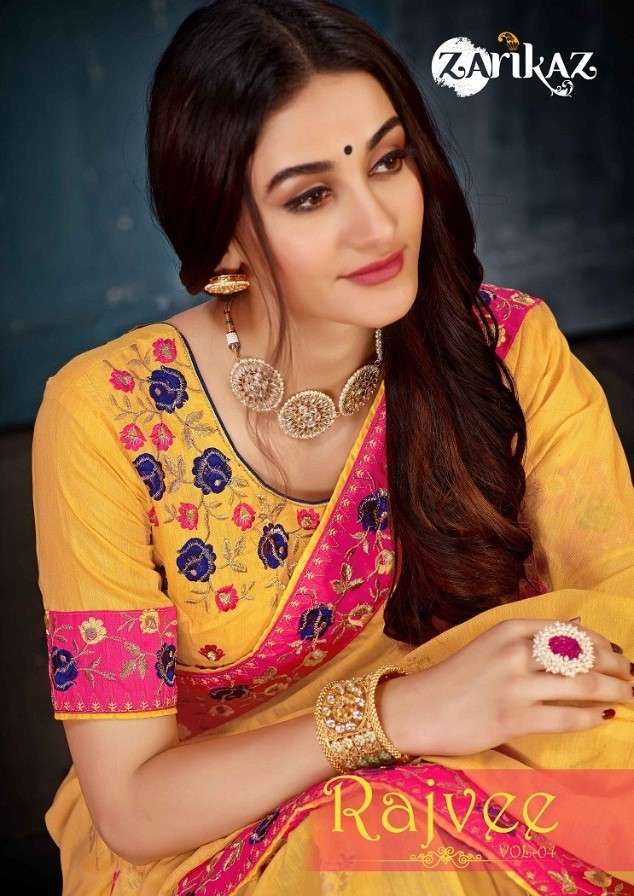 RAJVEE VOL-4 BY ZARIKAZ 401 TO 406 SERIES INDIAN TRADITIONAL WEAR COLLECTION BEAUTIFUL STYLISH FANCY COLORFUL PARTY WEAR & OCCASIONAL WEAR LINEN COTTON BANARASI SILK SAREES AT WHOLESALE PRICE