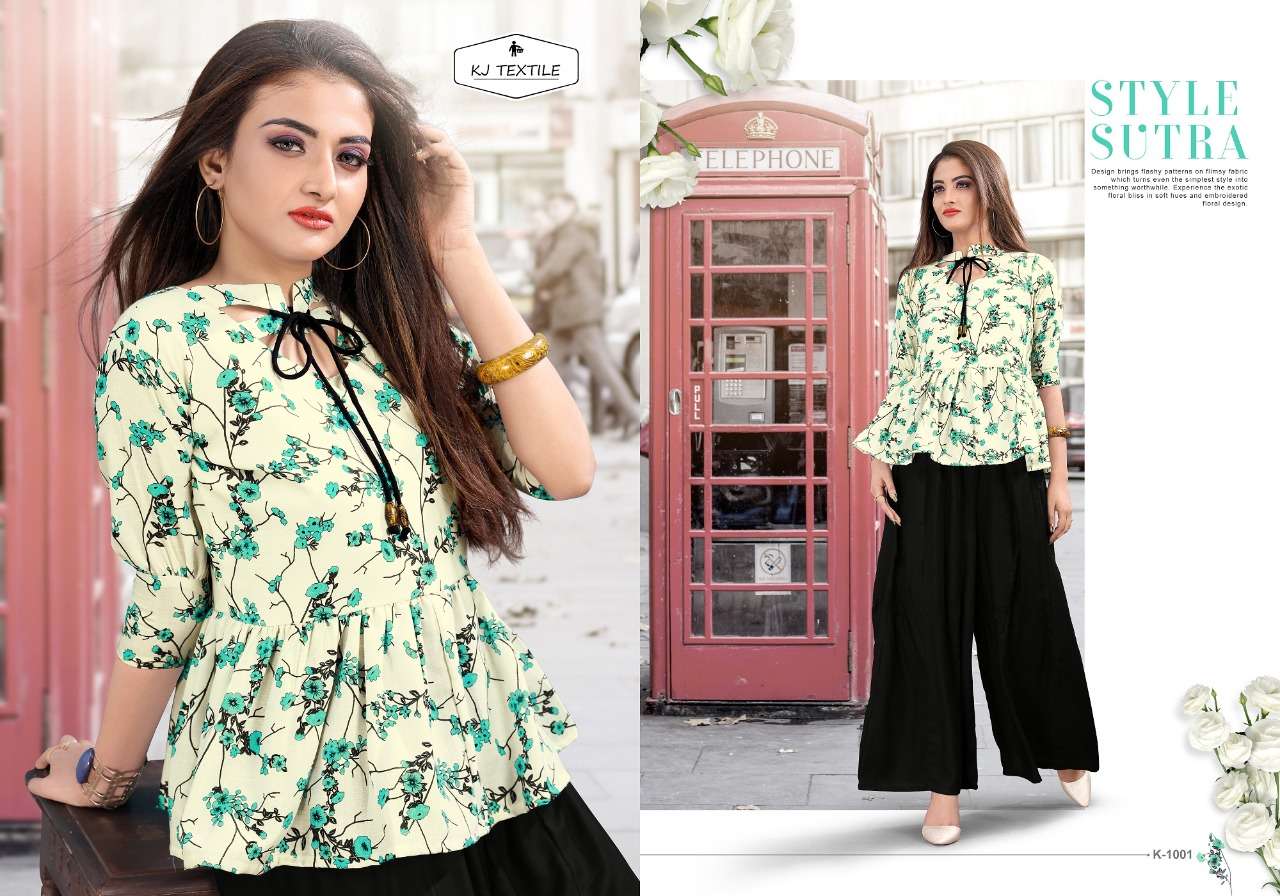 LONDON LOVE BY KJ COTTON 1001 TO 1008 SERIES DESIGNER BEAUTIFUL STYLISH FANCY COLORFUL PARTY WEAR & OCCASIONAL WEAR GEORGETTE/RAYON/COTTON PRINTED KURTIS WITH BOTTOM AT WHOLESALE PRICE