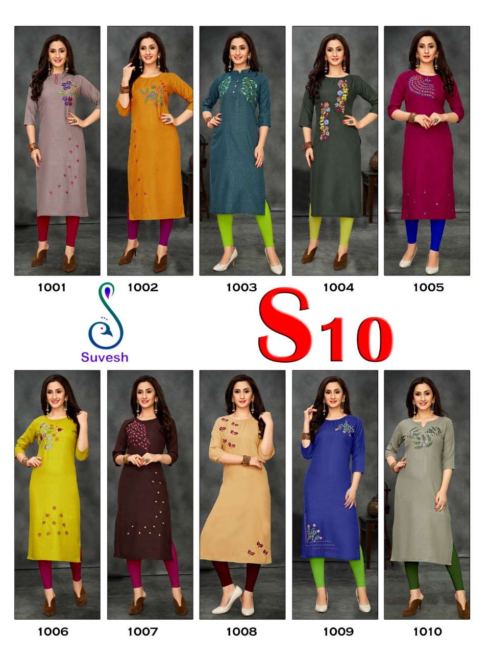 S10 BY SUVESH 1001 TO 1010 SERIES BEAUTIFUL COLORFUL STYLISH FANCY CASUAL WEAR & ETHNIC WEAR & READY TO WEAR COTTON SLUB WITH EMBROIDERY KURTIS AT WHOLESALE PRICE