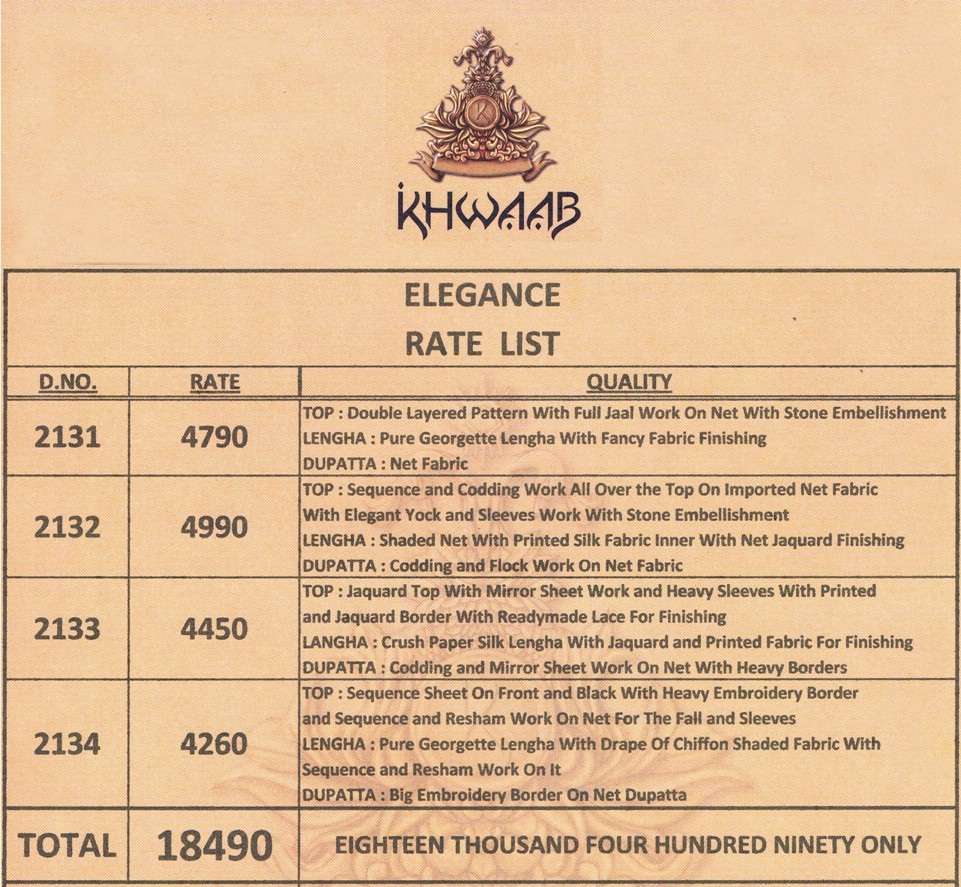 ELEGANCE NX BY KHWAAB INDIAN DESIGNER TRADITIONAL WEAR COLLECTION BEAUTIFUL STYLISH FANCY COLORFUL PARTY WEAR & OCCASIONAL WEAR PURE GEORGETTE/SILK LEHENGAS AT WHOLESALE PRICE