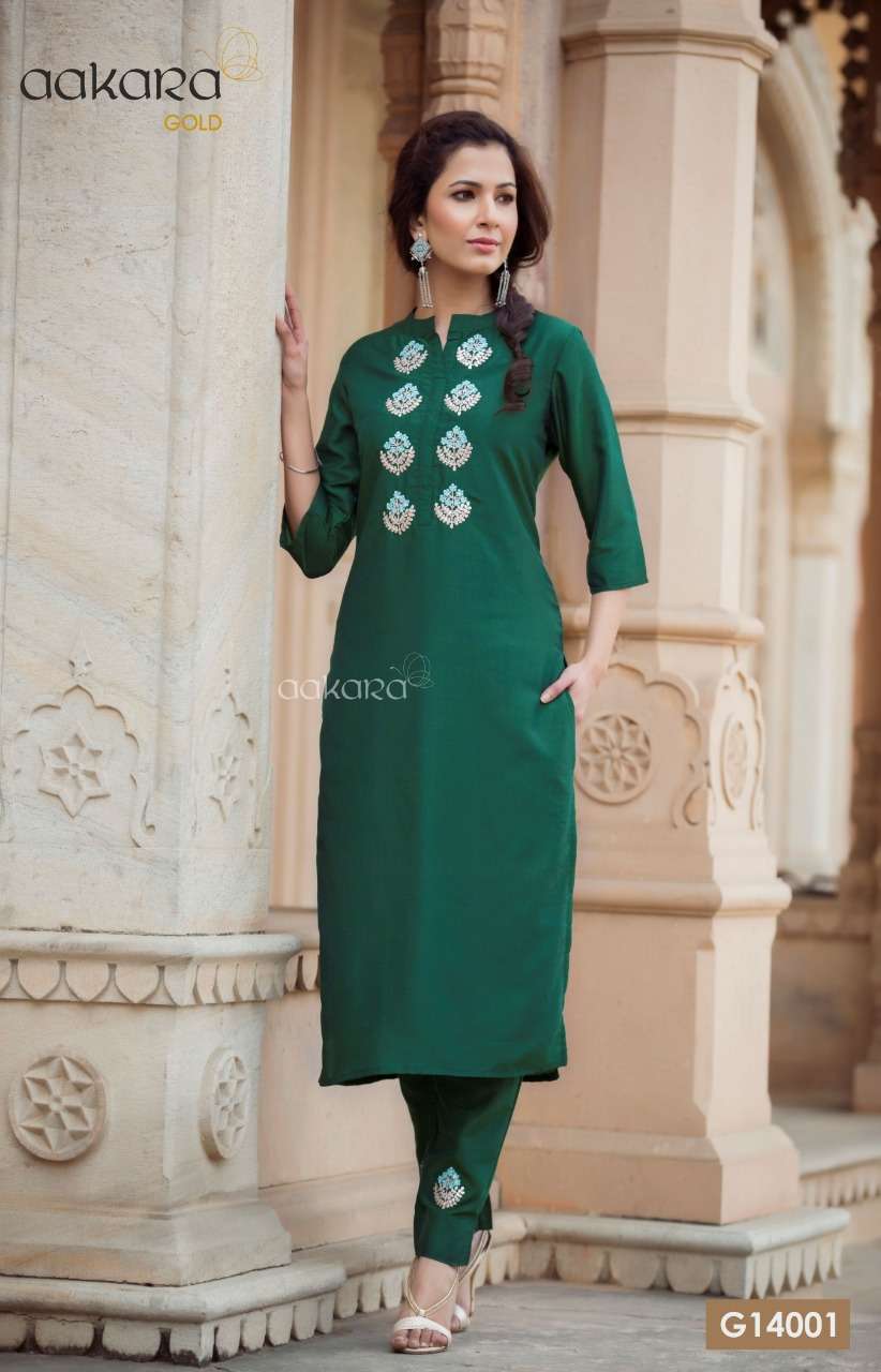 AAKARA GOLD VOL-14 BY AAKARA 14001 TO 14005 SERIES STYLISH FANCY BEAUTIFUL COLORFUL CASUAL WEAR & ETHNIC WEAR MUSLIN WITH COTTON LINING KURTIS AT WHOLESALE PRICE