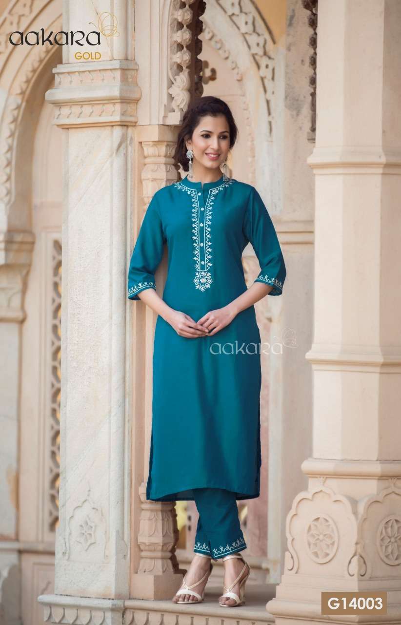 AAKARA GOLD VOL-14 BY AAKARA 14001 TO 14005 SERIES STYLISH FANCY BEAUTIFUL COLORFUL CASUAL WEAR & ETHNIC WEAR MUSLIN WITH COTTON LINING KURTIS AT WHOLESALE PRICE