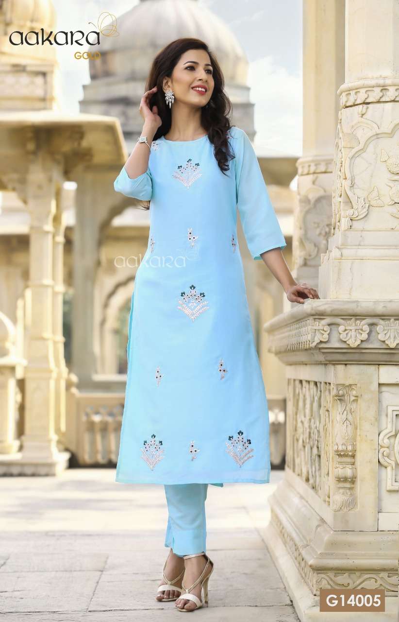 AAKARA GOLD VOL-14 BY AAKARA 14001 TO 14005 SERIES STYLISH FANCY BEAUTIFUL COLORFUL CASUAL WEAR & ETHNIC WEAR MUSLIN WITH COTTON LINING KURTIS AT WHOLESALE PRICE