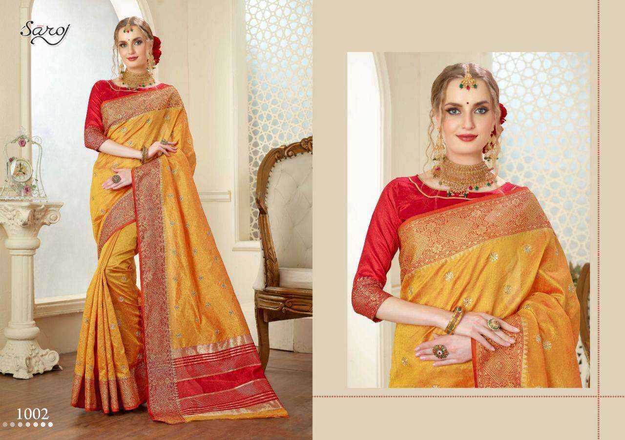 RAJJO BY SAROJ 1001 TO 1008 SERIES INDIAN TRADITIONAL WEAR COLLECTION BEAUTIFUL STYLISH FANCY COLORFUL PARTY WEAR & OCCASIONAL WEAR WEAVING SILK SAREES AT WHOLESALE PRICE