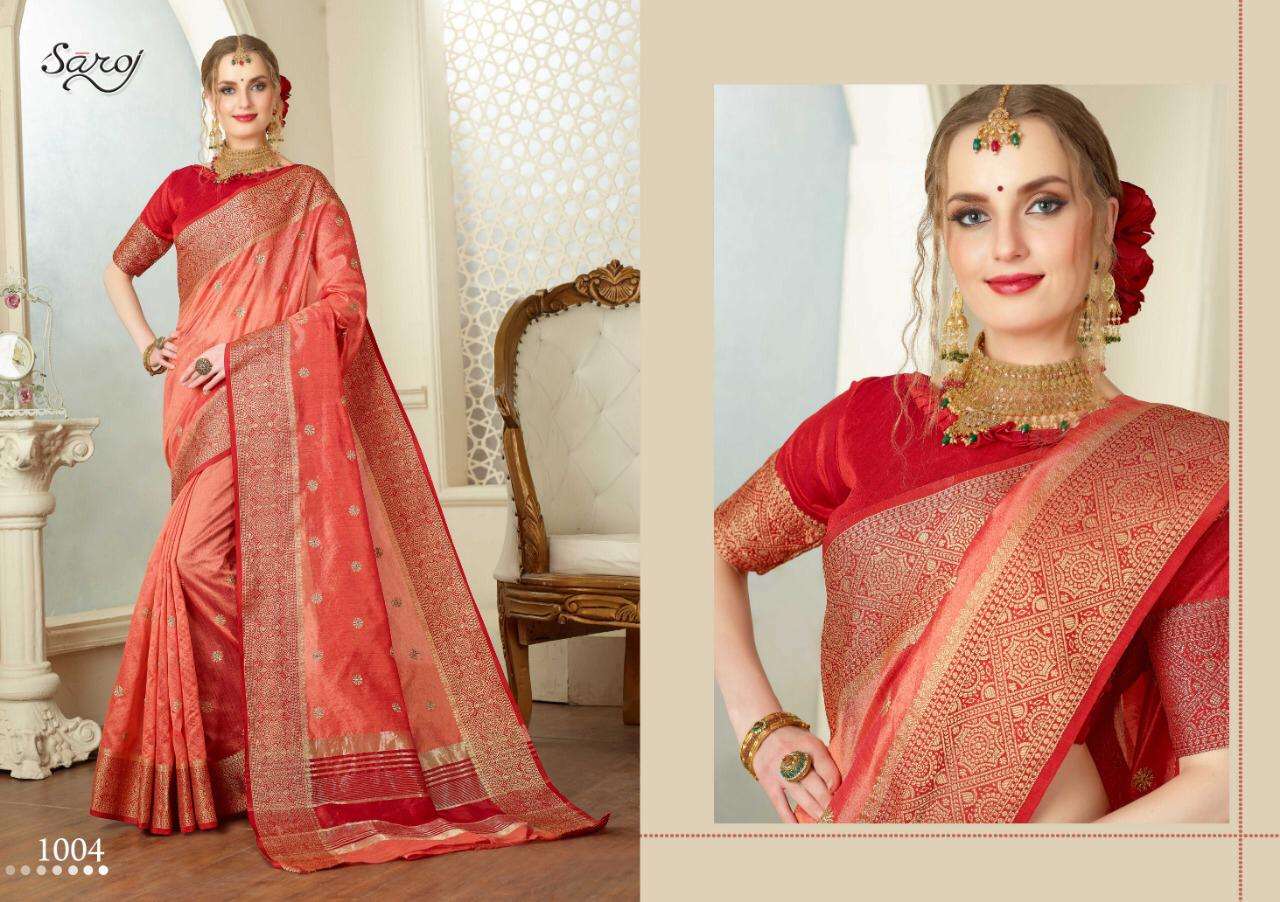 RAJJO BY SAROJ 1001 TO 1008 SERIES INDIAN TRADITIONAL WEAR COLLECTION BEAUTIFUL STYLISH FANCY COLORFUL PARTY WEAR & OCCASIONAL WEAR WEAVING SILK SAREES AT WHOLESALE PRICE
