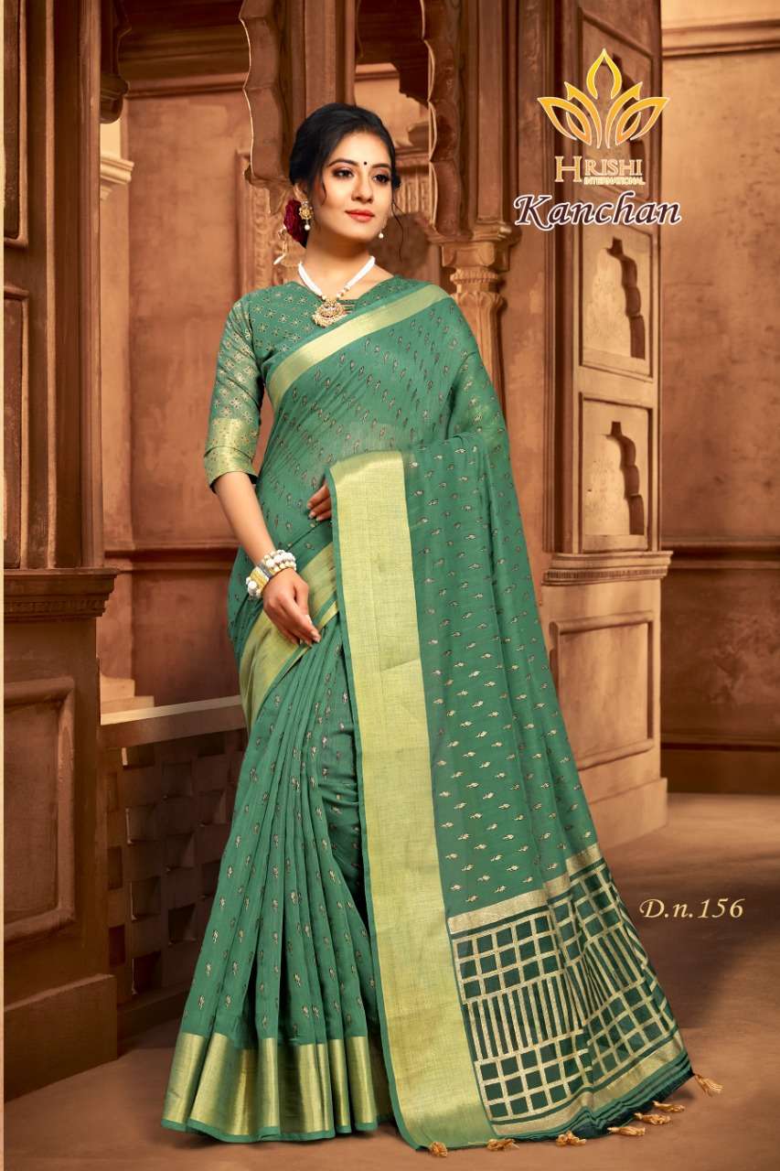 KANCHAN BY HRISHI INTERNATIONAL 156 TO 167 SERIES INDIAN TRADITIONAL WEAR COLLECTION BEAUTIFUL STYLISH FANCY COLORFUL PARTY WEAR & OCCASIONAL WEAR COTTON ZARI PATTA PRINTED SAREES AT WHOLESALE PRICE