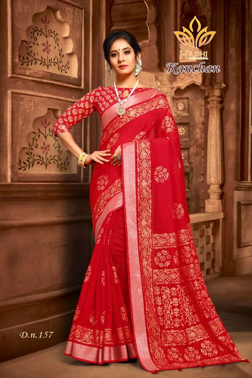 KANCHAN BY HRISHI INTERNATIONAL 156 TO 167 SERIES INDIAN TRADITIONAL WEAR COLLECTION BEAUTIFUL STYLISH FANCY COLORFUL PARTY WEAR & OCCASIONAL WEAR COTTON ZARI PATTA PRINTED SAREES AT WHOLESALE PRICE
